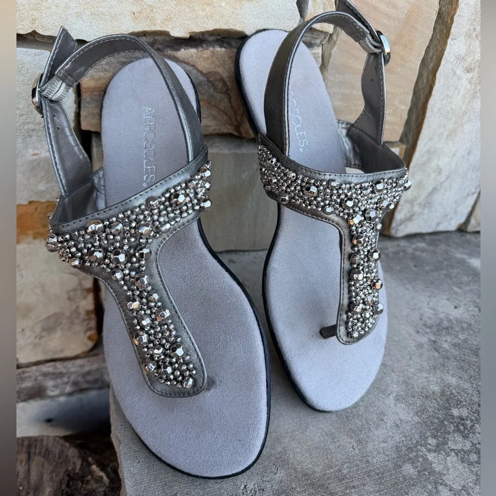 AEROSOLES Crystal Chlear Silver Embellished‎ Sandals Sz-7.5M. J